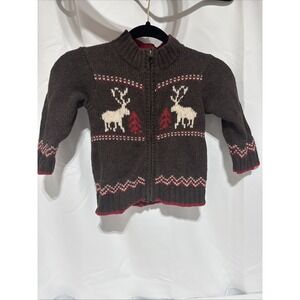 Vintage Osh Kosh Brown Reindeer Knit Zip Up Jacket Winter Outerwear Youth Size 3